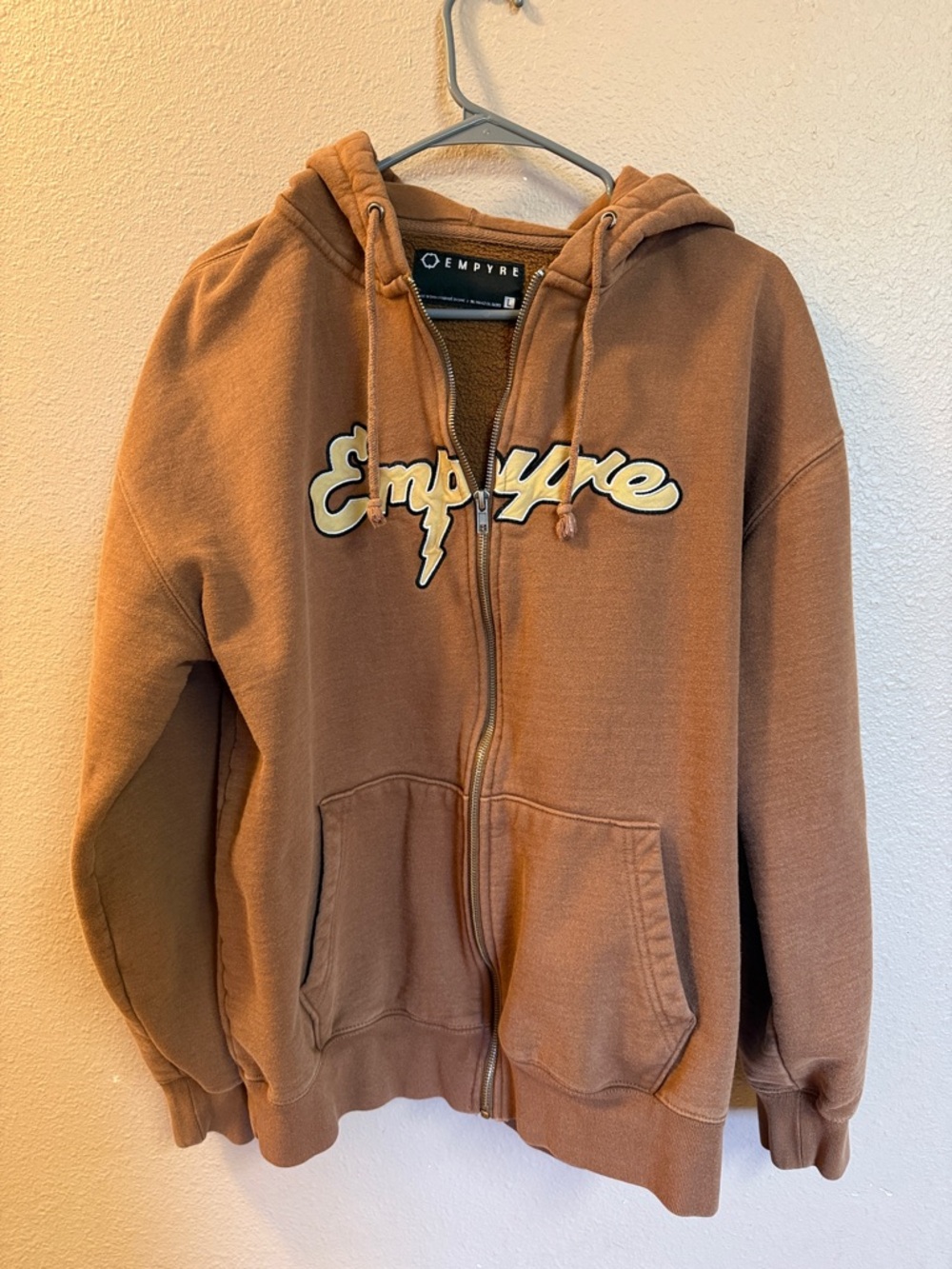 Empyre Chest Script Zip Hoodie in Warm Brown